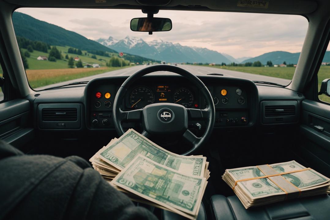 Un camion roulant seul sur une autoroute suisse avec des billets de banque sur le tableau de bord.