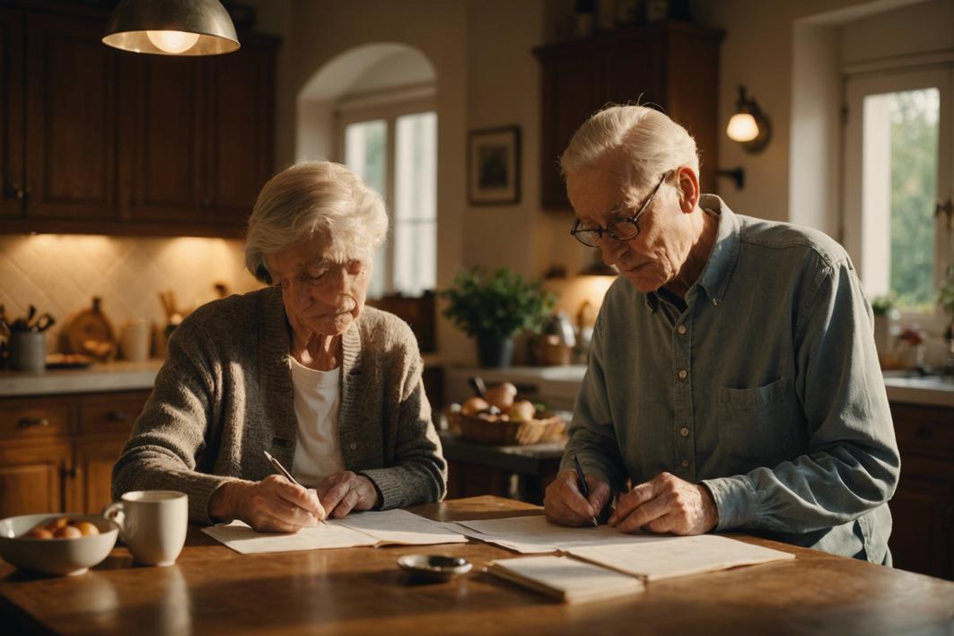 Un couple âgé serein examinant des documents avec soulagement dans une cuisine française chaleureuse, une lueur subtile d'un rayon de soleil matinal mettant en évidence les formulaires d'aide sur la table.