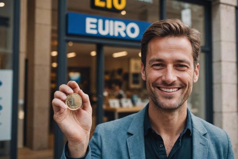 Close-up d'un entrepreneur souriant confiant, tenant une pièce de 1 euro devant la façade modeste de son nouveau magasin avec une enseigne 'Sous nouvelle direction'.