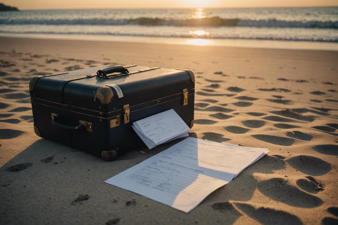 Photo d'une valise abandonnée, pleine de reçus et de documents d'entreprise, sur une plage vide au coucher du soleil, créant un sentiment d'évasion interdite