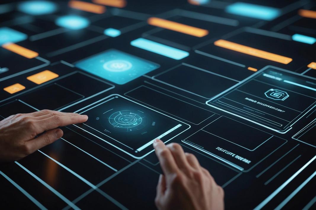 Art numérique d'une interface futuriste Sécurigreffe présentant une variété de documents sécurisés flottant dans un espace virtuel illuminé.