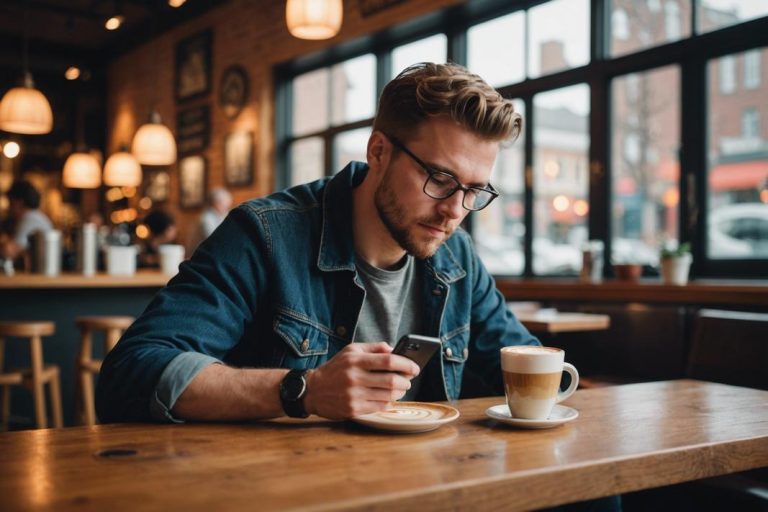 Matthias navigue sur les réseaux sociaux dans un café chaleureux, éclairé par une lumière naturelle douce, avec en premier plan un latte artistiquement décoré.