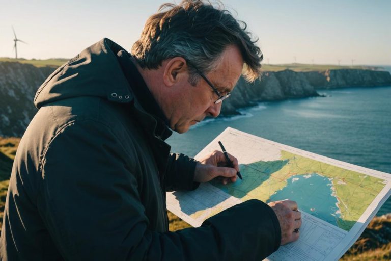 Photo d'un officiel du gouvernement examinant une carte détaillée de la côte du Finistère, éclairée par une lumière matinale accentuant les textures du papier et l'expression concentrée de l'officiel.