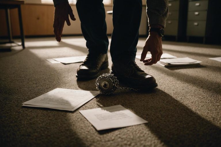 Une personne marchant prudemment vers un piège à ours camouflé avec des documents juridiques sur le sol d'un bureau, créant des ombres dramatiques.