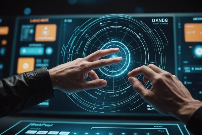 Des mains interagissent avec une interface futuriste appelée Logipolweb, symbolisant une productivité rationalisée sous un éclairage ambiant en résolution 4K.