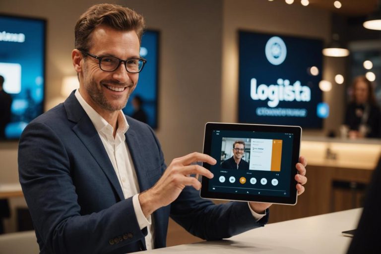 Un individu souriant utilise une interface de tablette avant-gardiste avec le logo de Logista France visible, indiquant une expérience client améliorée, avec un arrière-plan élégamment flou, éclairage d'ambiance, mise au point nette, en qualité 4k.