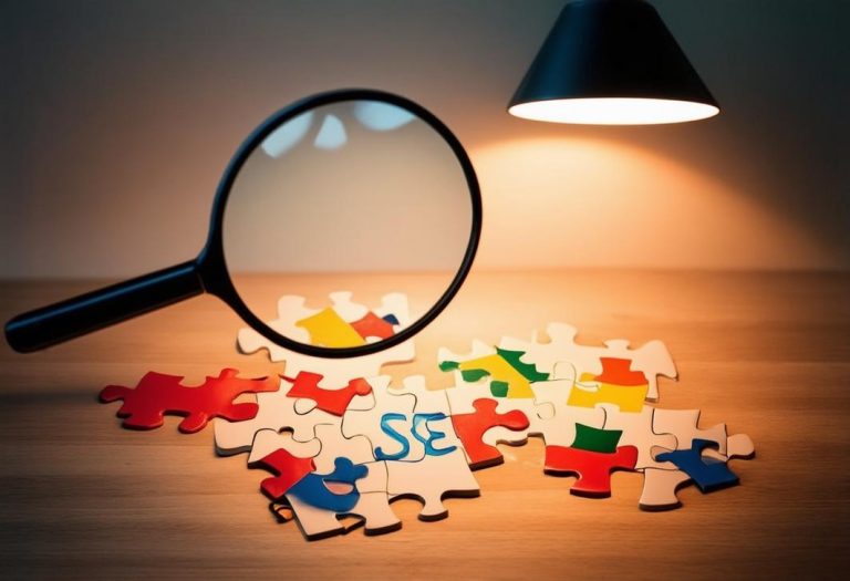 Photographie d'une loupe survolant un puzzle avec quelques pièces liées au SEO connectées, suggérant l'analyse des facteurs de classement de Google révélés, sous la lueur chaleureuse d'une lampe de bureau.