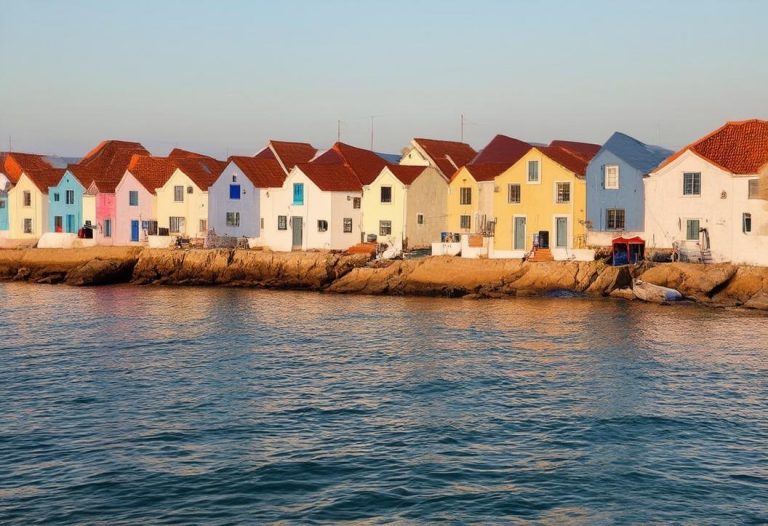 Photographie haute résolution de petites maisons de pêcheurs colorées au bord de la côte portugaise, baignées par une lumière matinale apaisante.