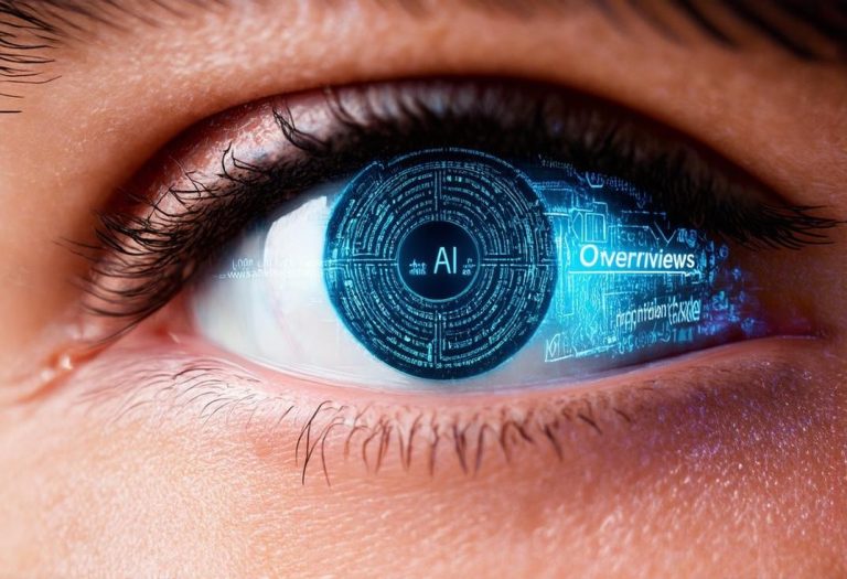 Une photographie macro d'un œil humain reflétant un complexe graphique d'algorithmes AI, symbolisant la vision nécessaire pour se classer dans les aperçus AI de Google.