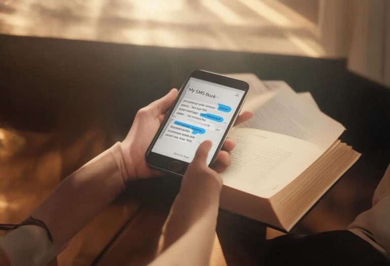 Gros plan sur des mains tenant un smartphone affichant une conversation SMS dans un livre ouvert, dans un cadre de café douillet avec des rayons de soleil