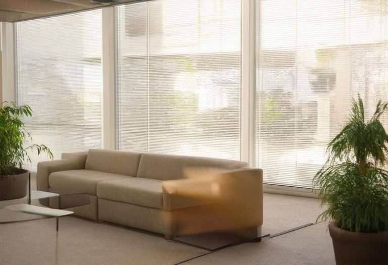 Une salle de repos d'entreprise minimaliste avec un canapé moderne confortable, des plantes d'intérieur et une lumière naturelle douce qui pénètre par de grandes fenêtres, ambiance tranquille.
