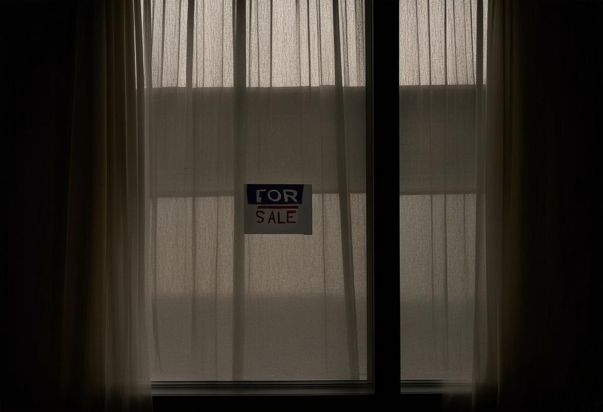 Photographie d'un appartement modern semi-vide avec une pancarte 'A VENDRE' sur la fenêtre, éclairée par la douce lumière du crépuscule qui filtre à travers les rideaux.