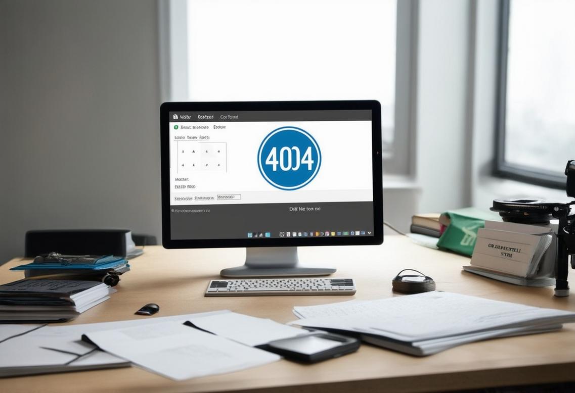Photographie d'un bureau d'office déserté, avec un écran d'ordinateur non-répondant affichant un tableau de bord WordPress et une erreur 404, entouré de guides SEO dispersés.