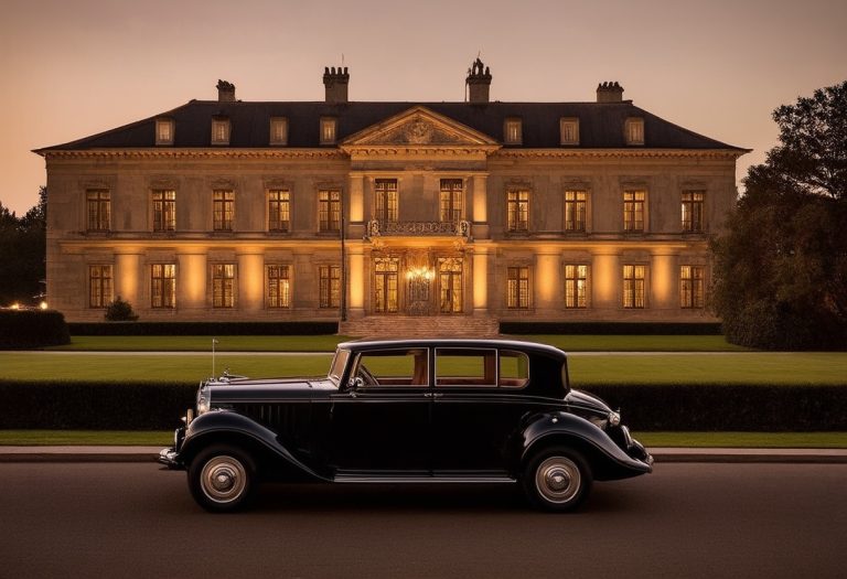 Photographie sépia d'un domaine classique, la Camondolar Estate, à la tombée de la nuit avec une vintage Rolls Royce garée en premier plan, symbolisant l'ancienne richesse et le pouvoir.