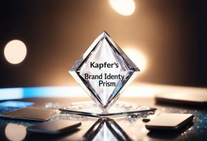 Photographie d'un prisme d'identité de marque de Kapferer, en forme de diamant, entouré d'icônes de marketing numérique sur une surface réfléchissante, illustrant la fusion stratégique de la marque et de la technologie.