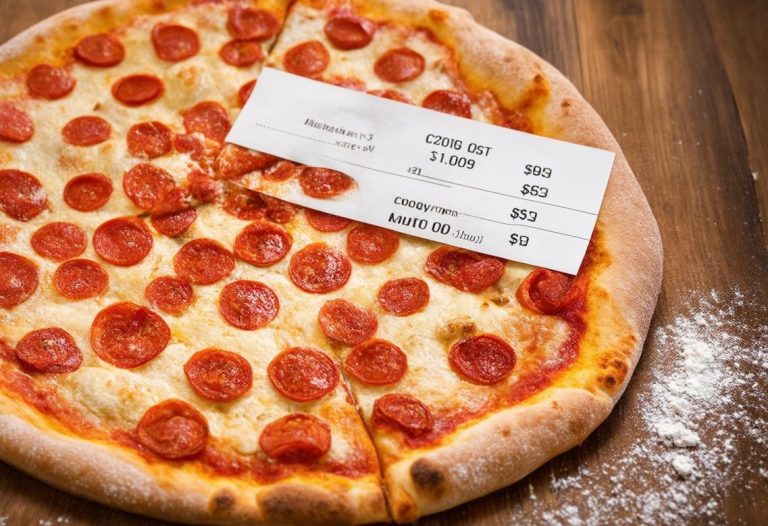 Photo en gros plan d'une pizza fraîchement cuite sur une table rustique en bois, saupoudrée de farine, avec un reçu visible indiquant le coût des ingrédients, éclairage ambiant doux.